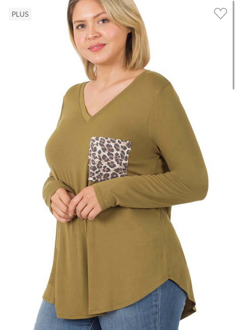 Plus Luxe Long Sleeve V-Neck Leopard Pocket Top